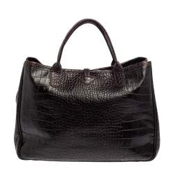 Pre Owned Longchamp Brown Glaze Croc Embossed Leather Roseau Tote
