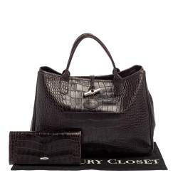 Pre Owned Longchamp Brown Glaze Croc Embossed Leather Roseau Tote