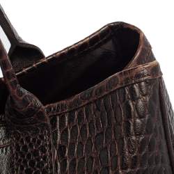 Pre Owned Longchamp Brown Glaze Croc Embossed Leather Roseau Tote