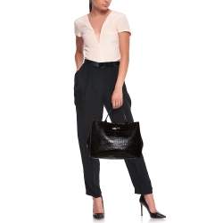 Pre Owned Longchamp Brown Glaze Croc Embossed Leather Roseau Tote