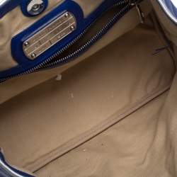 Pre Owned Longchamp Blue/Silver Leather Medium LM Cuir Shopper Tote