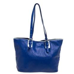 Pre Owned Longchamp Blue/Silver Leather Medium LM Cuir Shopper Tote