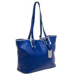 Pre Owned Longchamp Blue/Silver Leather Medium LM Cuir Shopper Tote