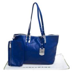 Pre Owned Longchamp Blue/Silver Leather Medium LM Cuir Shopper Tote