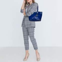 Pre Owned Longchamp Blue/Silver Leather Medium LM Cuir Shopper Tote