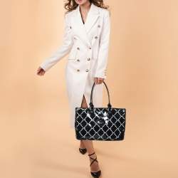 Pre Owned Longchamp Black Printed Patent Leather Satchel