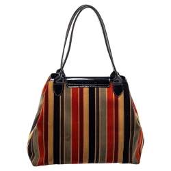 Pre Owned Longchamp Multicolor Stripe Velvet and Patent Leather Tote