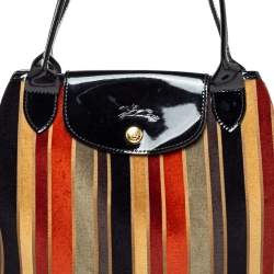 Pre Owned Longchamp Multicolor Stripe Velvet and Patent Leather Tote