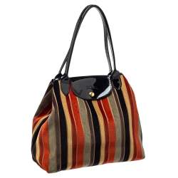 Pre Owned Longchamp Multicolor Stripe Velvet and Patent Leather Tote