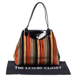 Pre Owned Longchamp Multicolor Stripe Velvet and Patent Leather Tote