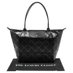 Pre Owned Longchamp Black Coated Canvas and Leather Le Pliage Tote