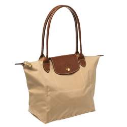 Pre Owned Longchamp Beige/Brown Nylon Mini Le Pliage Tote