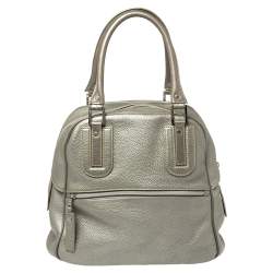 Pre Owned Longchamp Pale Green Shimmer Leather Zip Satchel