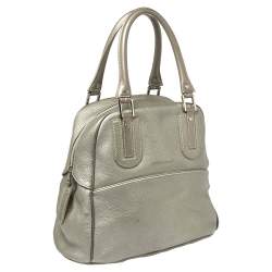 Pre Owned Longchamp Pale Green Shimmer Leather Zip Satchel