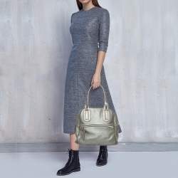 Pre Owned Longchamp Pale Green Shimmer Leather Zip Satchel
