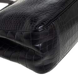 Pre Owned Longchamp Black Crocodile Embossed Leather Roseau Tote 