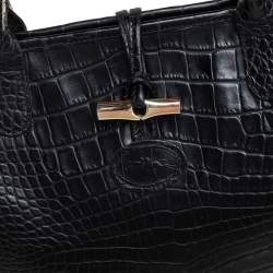 Pre Owned Longchamp Black Crocodile Embossed Leather Roseau Tote 