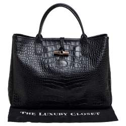 Pre Owned Longchamp Black Crocodile Embossed Leather Roseau Tote 