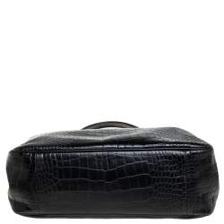 Pre Owned Longchamp Black Crocodile Embossed Leather Roseau Tote 