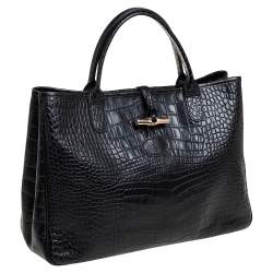 Pre Owned Longchamp Black Crocodile Embossed Leather Roseau Tote 