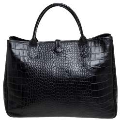 Pre Owned Longchamp Black Crocodile Embossed Leather Roseau Tote 