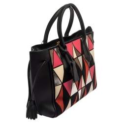 Pre Owned Longchamp Black/Multicolor Leather and Suede Medium Penelope Arty Tote