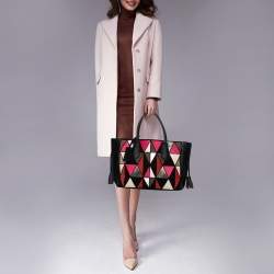 Pre Owned Longchamp Black/Multicolor Leather and Suede Medium Penelope Arty Tote