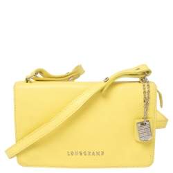 Pre Owned Longchamp Yellow Leather Flap Crossbody Bag