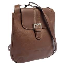 Pre Owned Longchamp Brown Leather Buckle Flap Sling Hobo