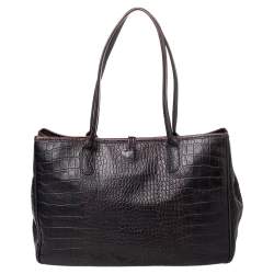Longchamp Dark Brown Croc Embossed Leather Roseau Tote