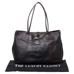 Longchamp Dark Brown Croc Embossed Leather Roseau Tote