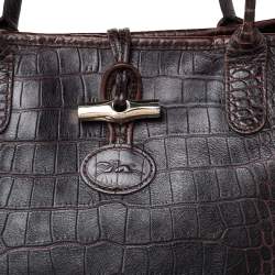 Longchamp Dark Brown Croc Embossed Leather Roseau Tote