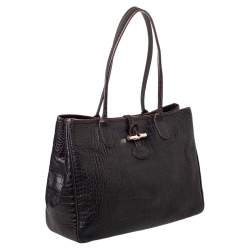 Longchamp Dark Brown Croc Embossed Leather Roseau Tote
