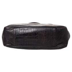 Longchamp Dark Brown Croc Embossed Leather Roseau Tote
