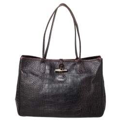 Longchamp Dark Brown Croc Embossed Leather Roseau Tote