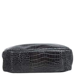 Longchamp Dark Grey Glaze Croc Embossed Leather Roseau Tote