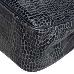Longchamp Dark Grey Glaze Croc Embossed Leather Roseau Tote