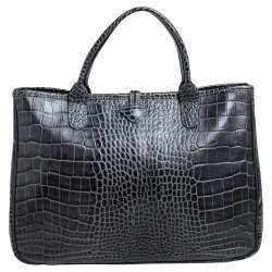 Longchamp Dark Grey Glaze Croc Embossed Leather Roseau Tote