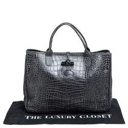Longchamp Dark Grey Glaze Croc Embossed Leather Roseau Tote