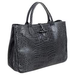 Longchamp Dark Grey Glaze Croc Embossed Leather Roseau Tote
