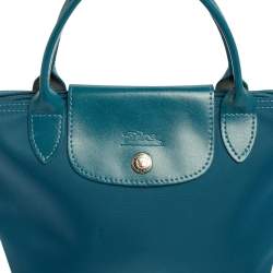 Longchamp Teal Blue Leather and Nylon Min Le Pliage Tres Tote
