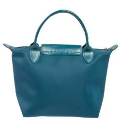 Longchamp Teal Blue Leather and Nylon Min Le Pliage Tres Tote