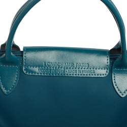 Longchamp Teal Blue Leather and Nylon Min Le Pliage Tres Tote