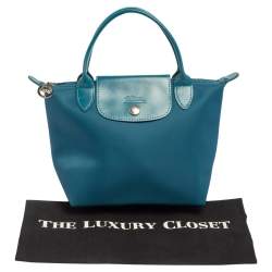 Longchamp Teal Blue Leather and Nylon Min Le Pliage Tres Tote
