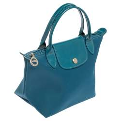 Longchamp Teal Blue Leather and Nylon Min Le Pliage Tres Tote