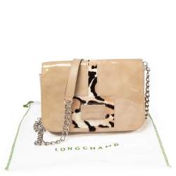Longchamp Beige Patent Leather, Suede and Calfhair Flap Chain Shoulder Bag