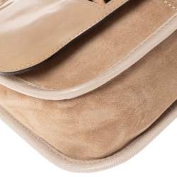 Longchamp Beige Patent Leather, Suede and Calfhair Flap Chain Shoulder Bag