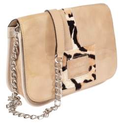 Longchamp Beige Patent Leather, Suede and Calfhair Flap Chain Shoulder Bag