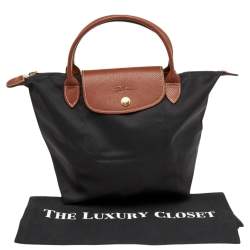 Pre Owned Longchamp Black/Brown Nylon And Leather Small Short Le Pliage Tote