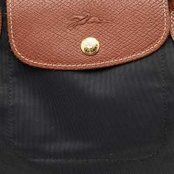 Pre Owned Longchamp Black/Brown Nylon And Leather Small Short Le Pliage Tote
